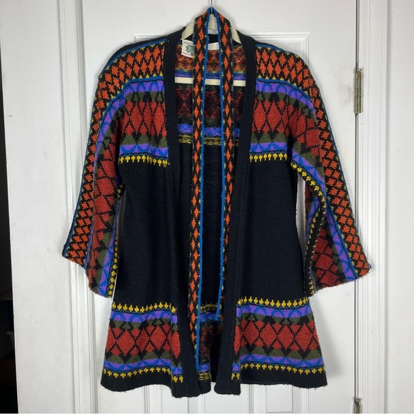 Vintage Sweaters - Vintage Boho 70’s Open Front Geo Knit Mid Long Cardigan Duster Sweater Sz M